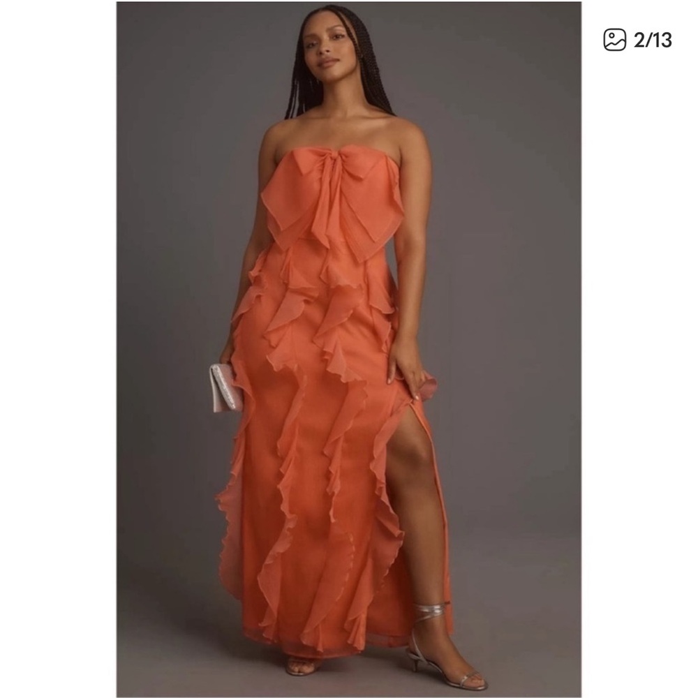 ANTHROPOLOGIE Hutch Strapless Tiered Ruffles Tulle Maxi Dress Grown Coral 14 NWT